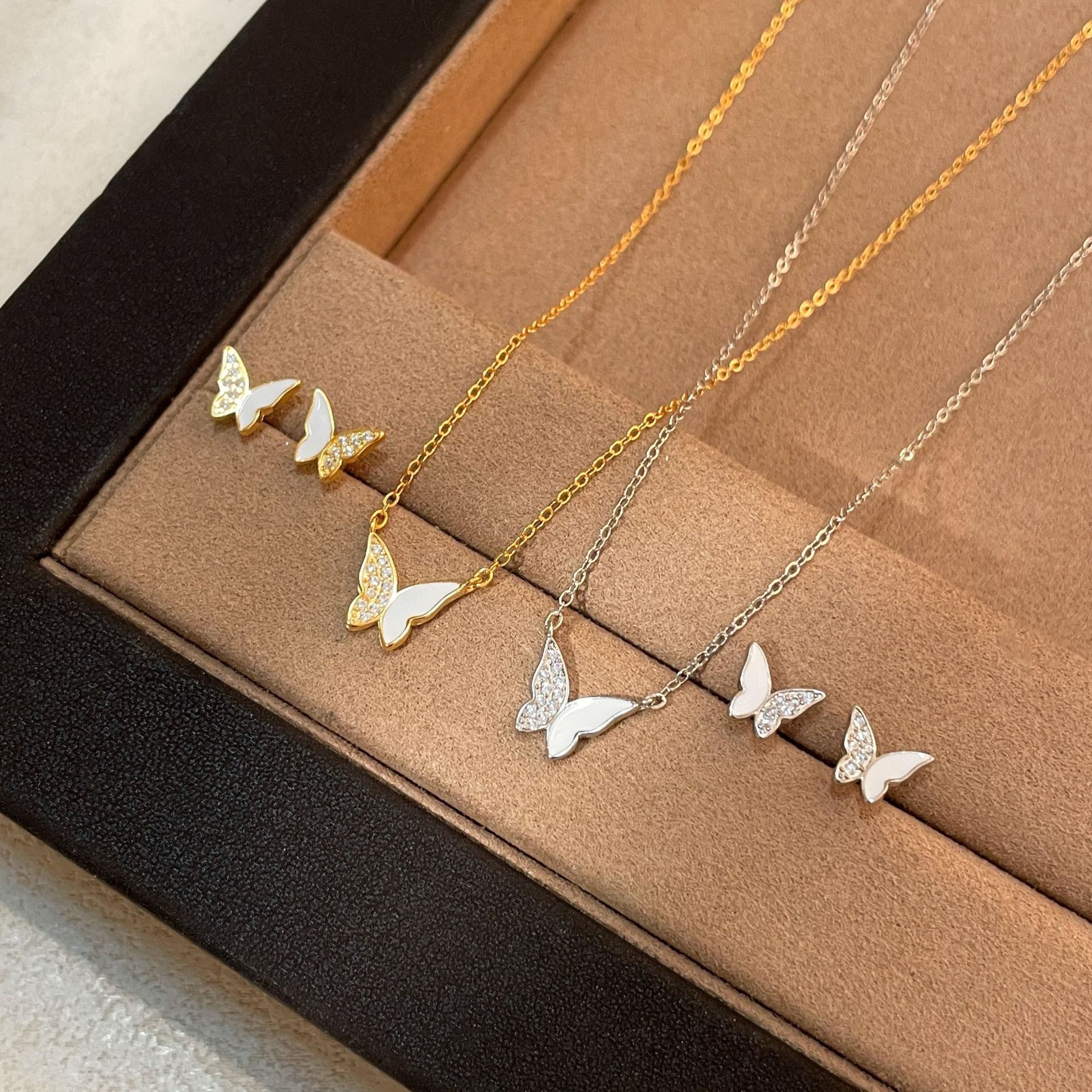 Luxury brands designer Women 18K Gold Plated S925 Sterling Silver White Enamel Inlaid Butterfly Necklace Earrings Set Minimalist Hypoallergenic Versat