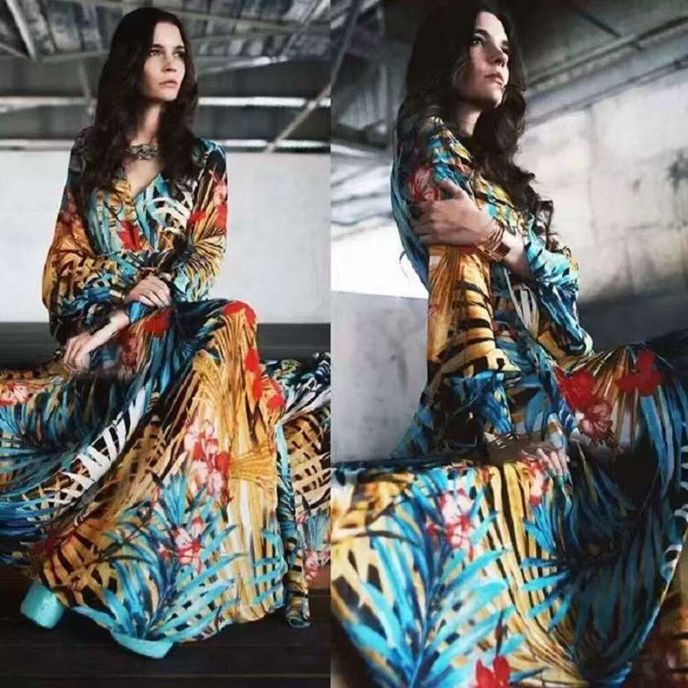 2026 Spring/Summer Amazon New European Women's Dress Lantern Sleeve Printed Sexy V-Neck Leaf Pattern Flared Skirt dh4345018