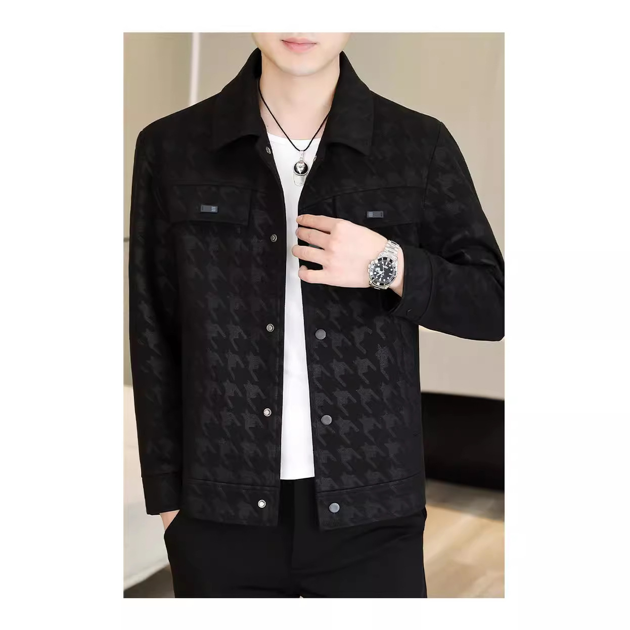 Luxury Brand Designer Mens Black Houndstooth Jacquard Faux Leather Point Collar Cropped Jacket 2026 Spring Autumn Casual Business Versatile Daily Wear
