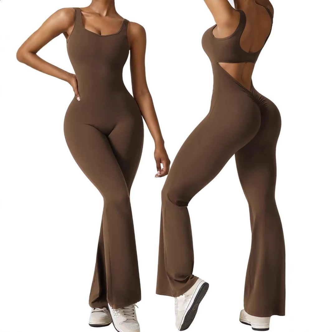 Yoga Bodysuit Womens Tracksuit Sportswear Gym Workout Set Jumpsuit Push Up Flared Pants Dance Fitness Sports Bodysuit 240719