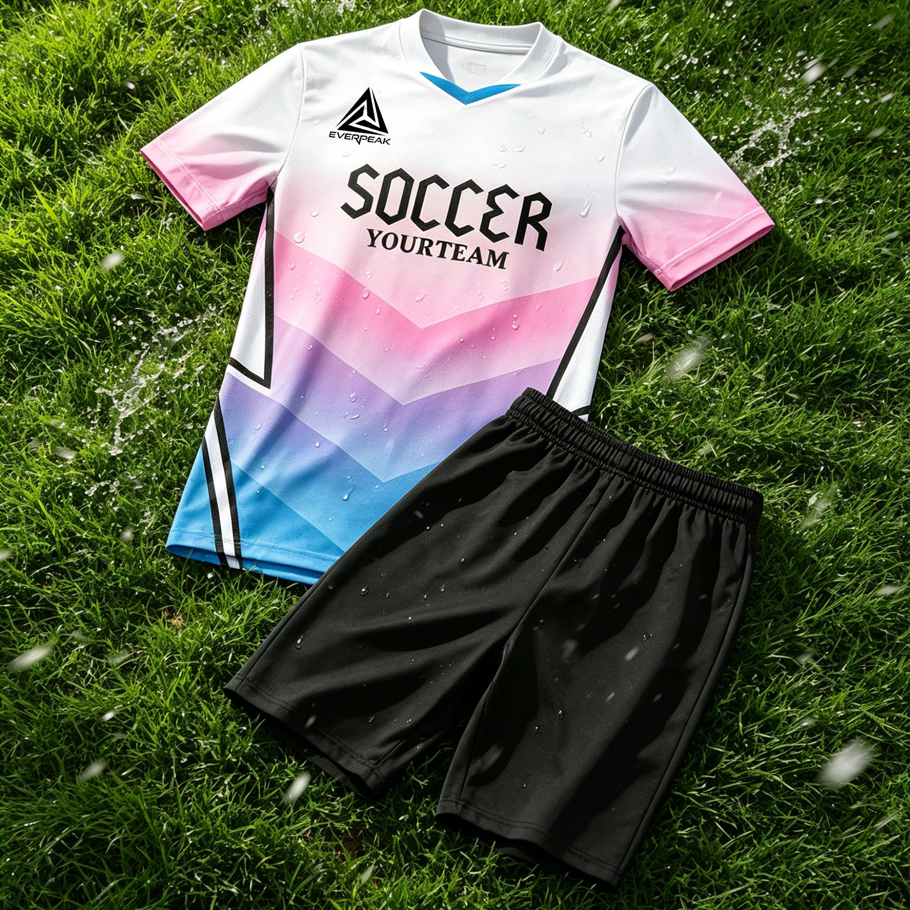 Custom Gradient Chevron Soccer Jersey Set Men, Breathable Quick Dry Football Uniform with Shorts, Customizable Team Name, Number & Logo - view 6