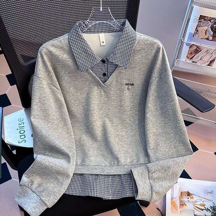 Fake Two-Piece Patchwork Plaid Polo Collar Sweatshirt For Women, Spring And Autumn New Design, Loose Fit, Hoodless Top - view 5