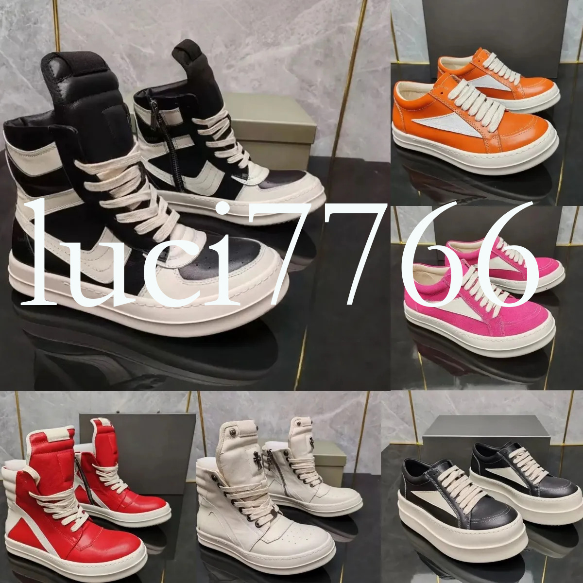 Top Quality Designer Leather Platform High Top Sneakers Fashion Leather Ricn Owens Style Non slip Thick Sole Street Shoes Canvas Lace Up Low Top Casual Trainers