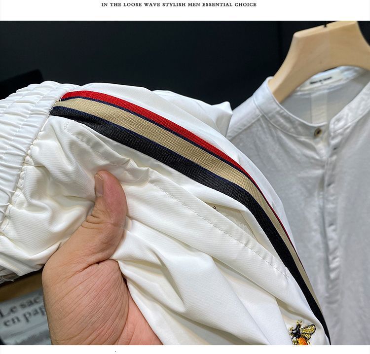 Luxury Brand Designer Men White Ice Silk Quick Dry Side Stripe Bee Embroidery Slim Fit Jogger Pants 2026 Summer Casual Athletic Versatile Daily Wear T