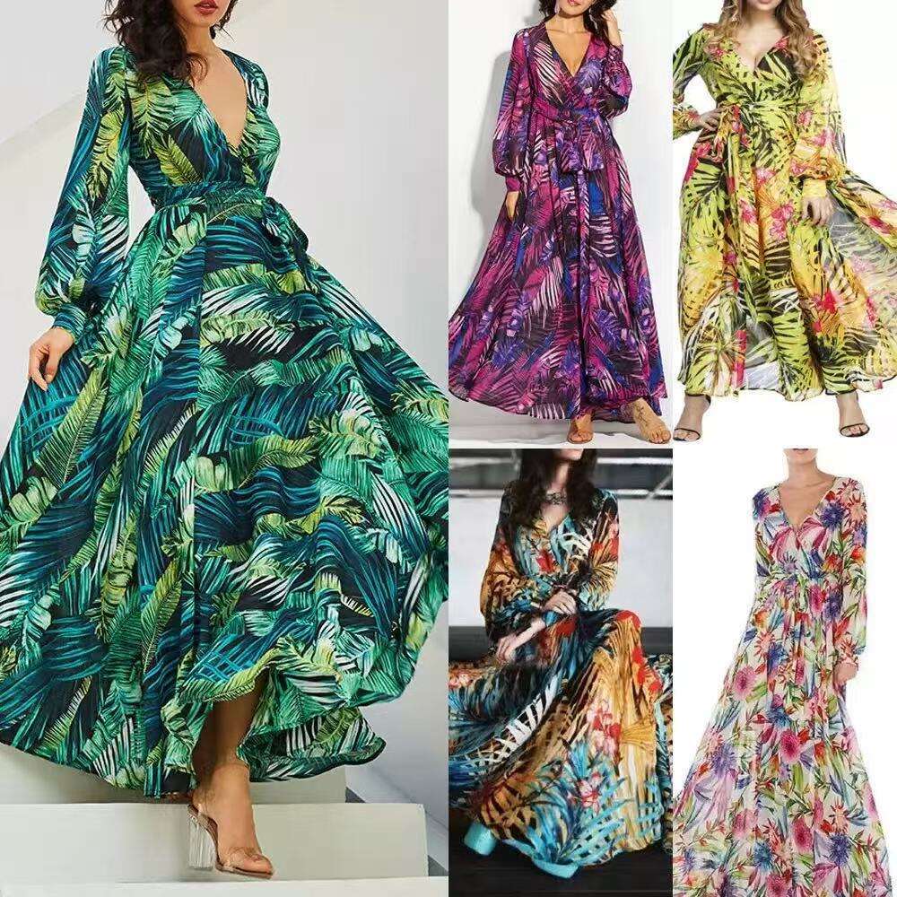 2026 Spring/Summer Amazon New European Women's Dress Lantern Sleeve Printed Sexy V-Neck Leaf Pattern Flared Skirt dh4345018