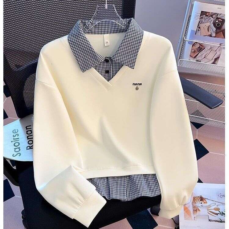 Fake Two-Piece Patchwork Plaid Polo Collar Sweatshirt For Women, Spring And Autumn New Design, Loose Fit, Hoodless Top - view 4