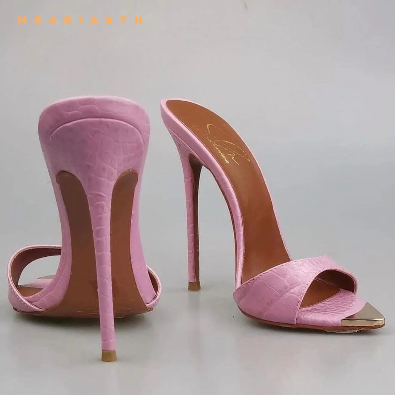 Sexy Metal Plate Pointed Toe Mules Shoes Blue Denim Slip On Summer Slippers Stiletto High Heels Sandals Plus Size 45 260519