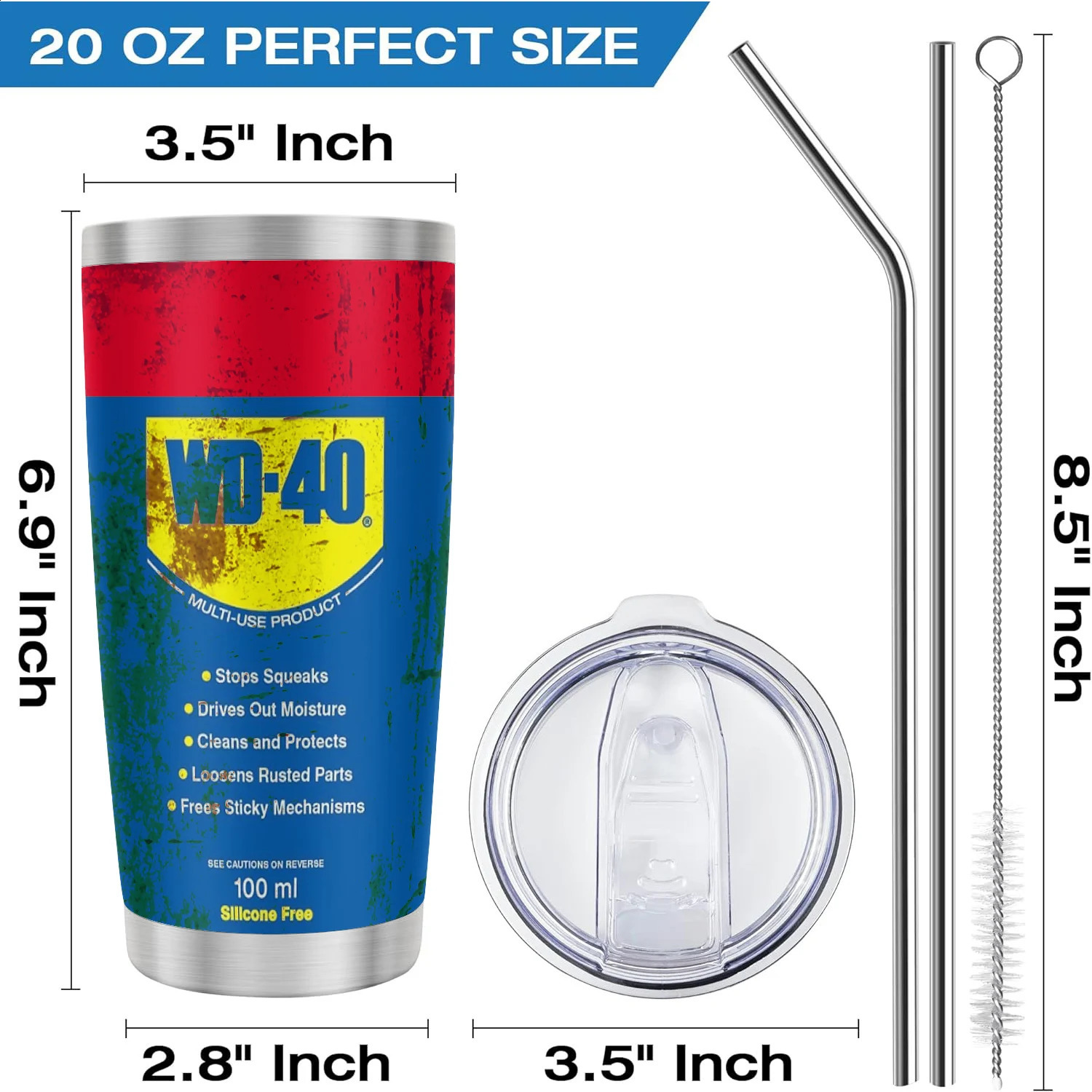 20Oz WD40 Stainless Steel Vacuum Insulated Tumbler Double Wall with Straw and Lid keep Cold Drink Car Cup Distressed 260516