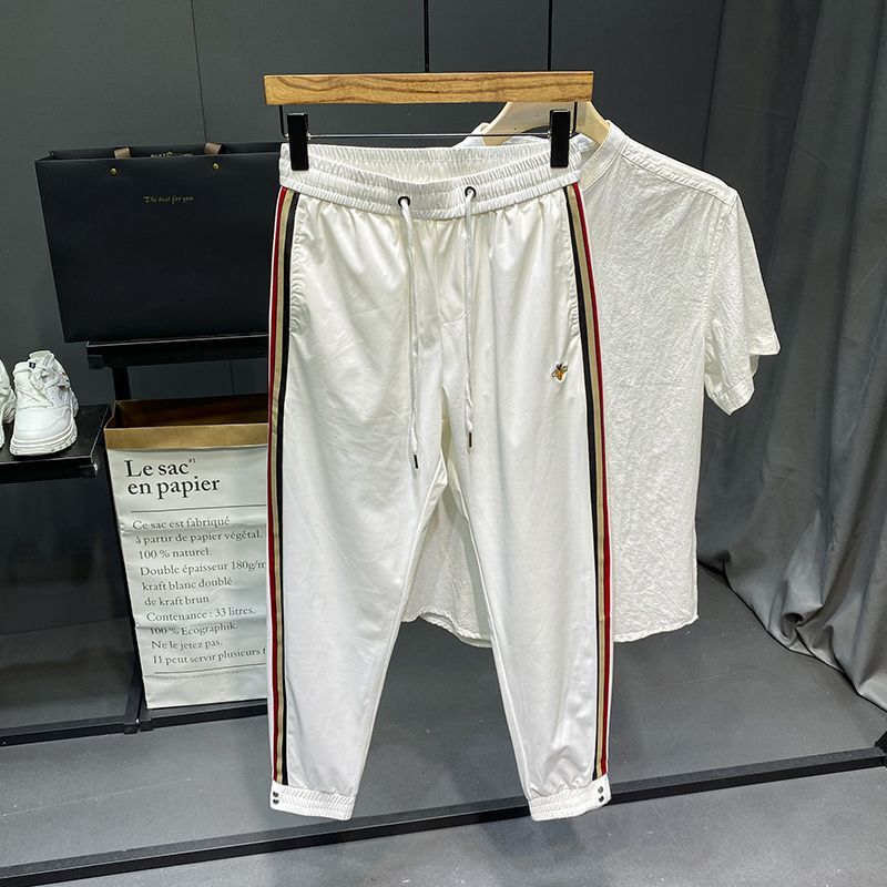 Luxury Brand Designer Men White Ice Silk Quick Dry Side Stripe Bee Embroidery Slim Fit Jogger Pants 2026 Summer Casual Athletic Versatile Daily Wear T