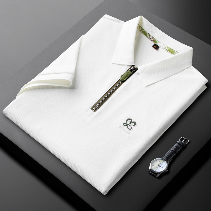 Luxury Brand Designer Mens White Half Zip Placket Embossed Letter Logo Cotton Pique Lightweight Short Sleeve Polo Shirt 2026 Casual Streetwear Versati