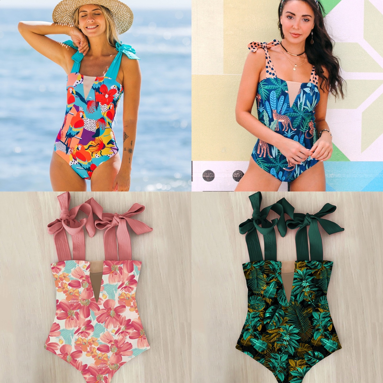 Swim wear Sexy Swimsuit Shoulder Strappy Print Floral Swimwear Women Backless Bathing Suit Beach Wear Monokini 230311