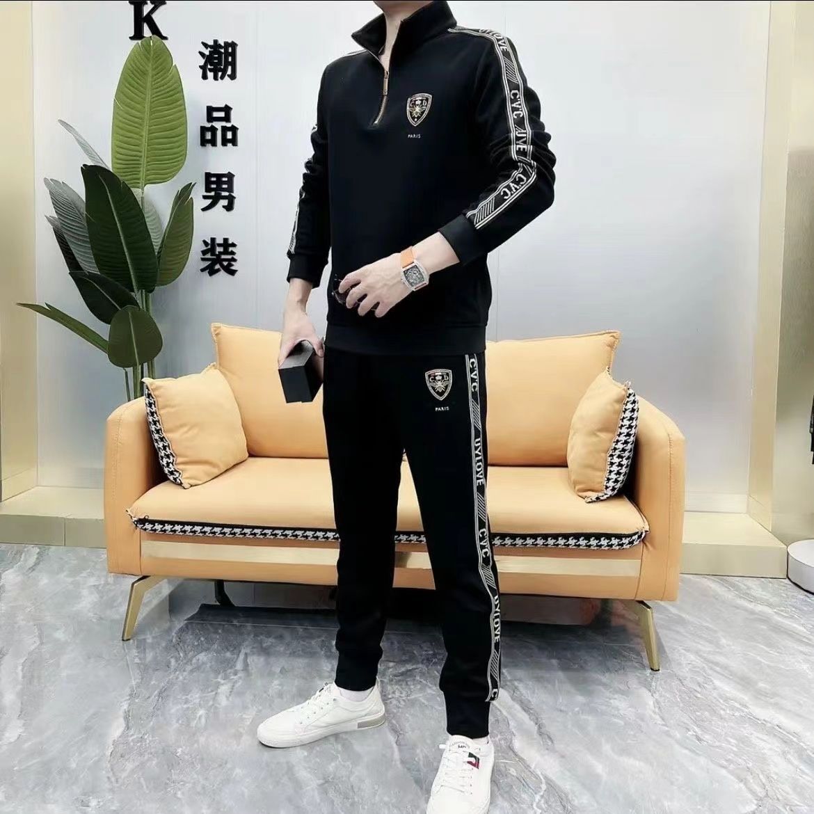 Luxury Brand Designer Men White Half Zip Stand Collar Side Tape Stripe Shield Embroidery 2 Piece Tracksuit Set 2026 Casual Athletic Versatile Daily We