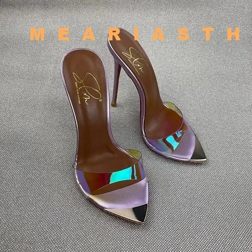 Sexy Metal Plate Pointed Toe Mules Shoes Blue Denim Slip On Summer Slippers Stiletto High Heels Sandals Plus Size 45 260519