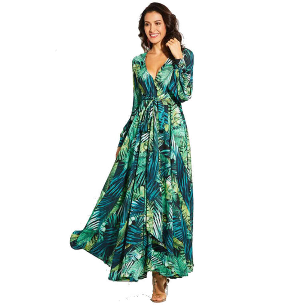 2026 Spring/Summer Amazon New European Women's Dress Lantern Sleeve Printed Sexy V-Neck Leaf Pattern Flared Skirt dh4345018