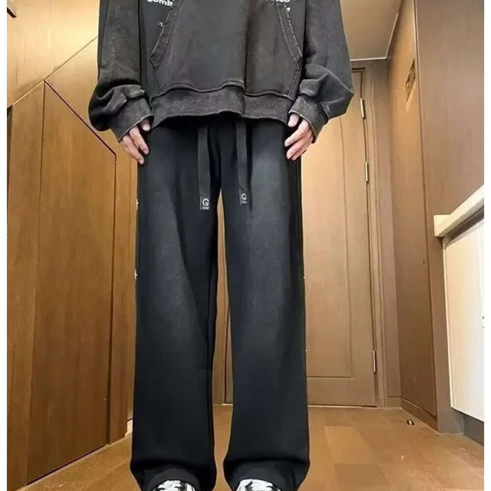 Black American High Street Men's Pants Spring Designer Fashion Autumn Loose Straight Hong Kong Style Wide Leg Casual Trousers - view 3