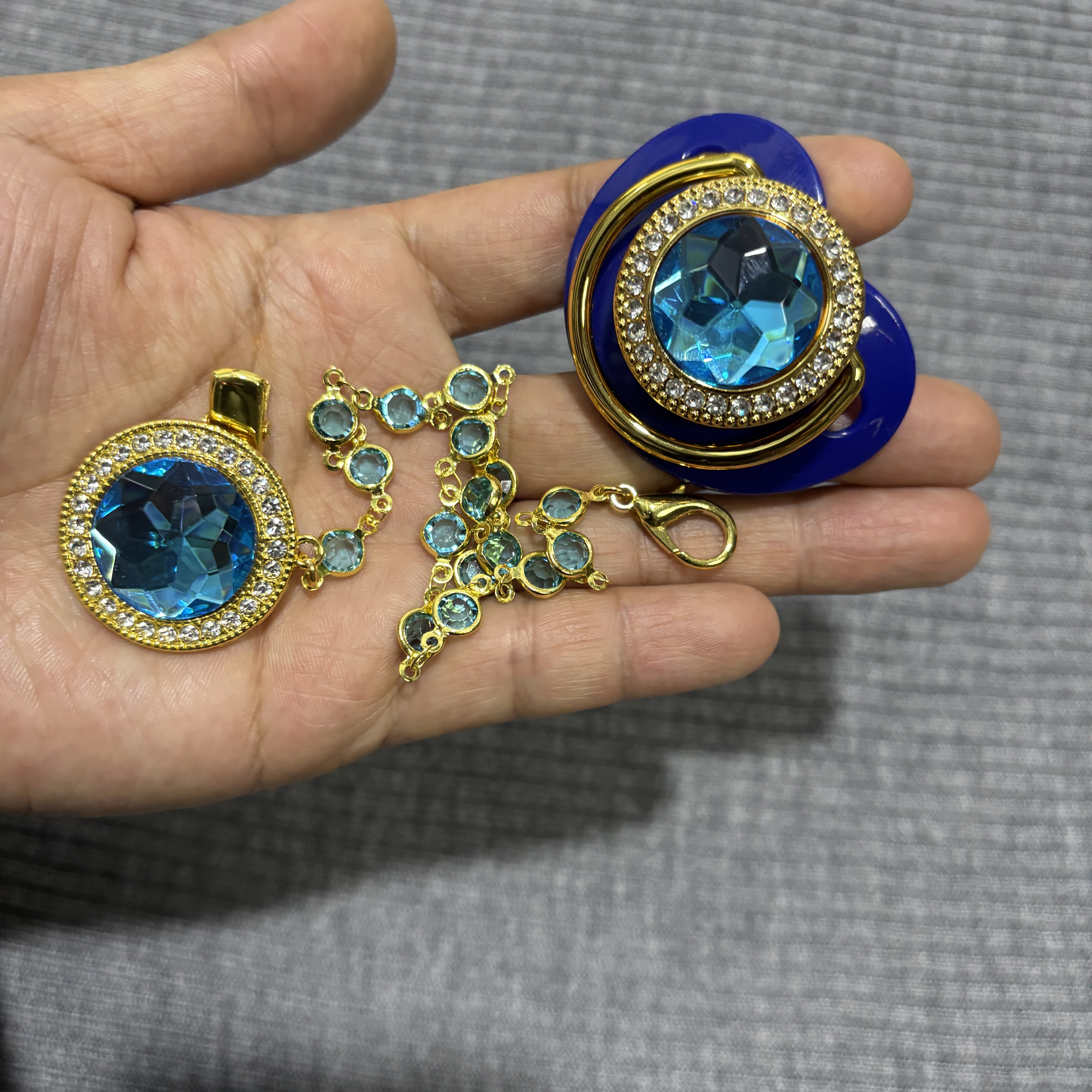 Luxury Blue Crystal Pacifier Set Silver-Plated Rhinestone Pacifier Clip with Blue Gemstone Accents - view 4