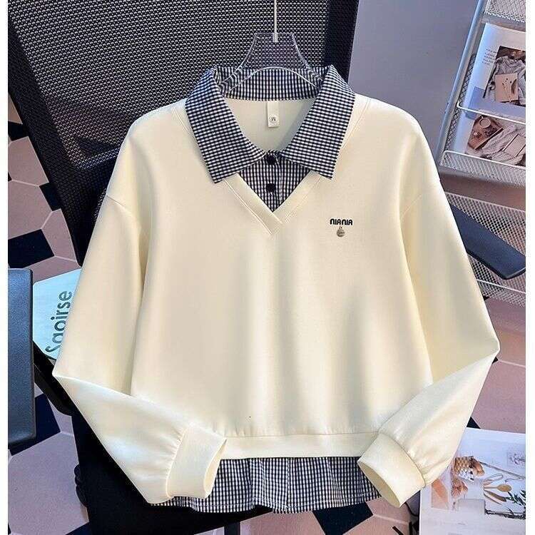 Fake Two-Piece Patchwork Plaid Polo Collar Sweatshirt For Women, Spring And Autumn New Design, Loose Fit, Hoodless Top - view 3