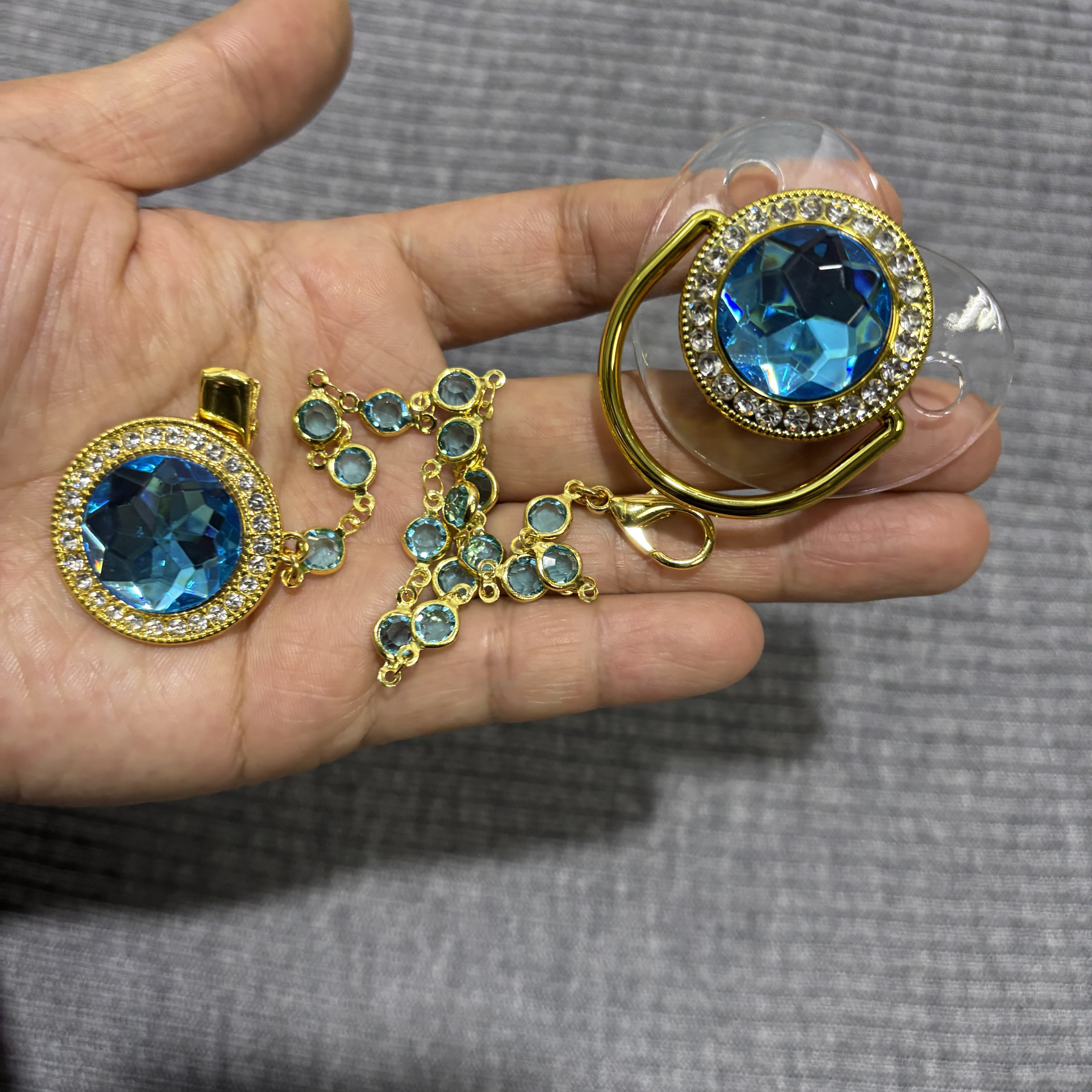 Luxury Blue Crystal Pacifier Set Silver-Plated Rhinestone Pacifier Clip with Blue Gemstone Accents - view 7