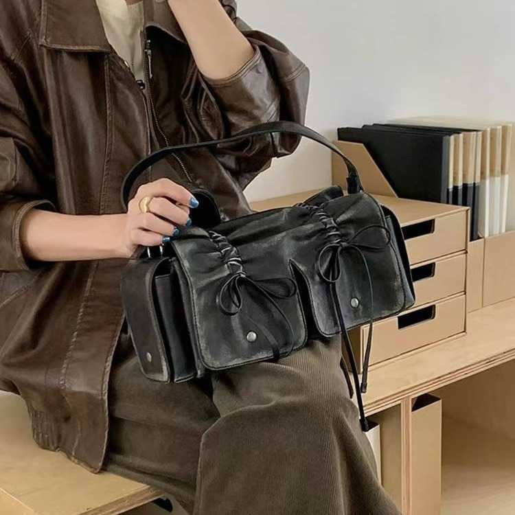 2025 best-selling hit bow tie cool girl underarm bag wasteland style dark versatile pleated bag niche design drawstring J260519