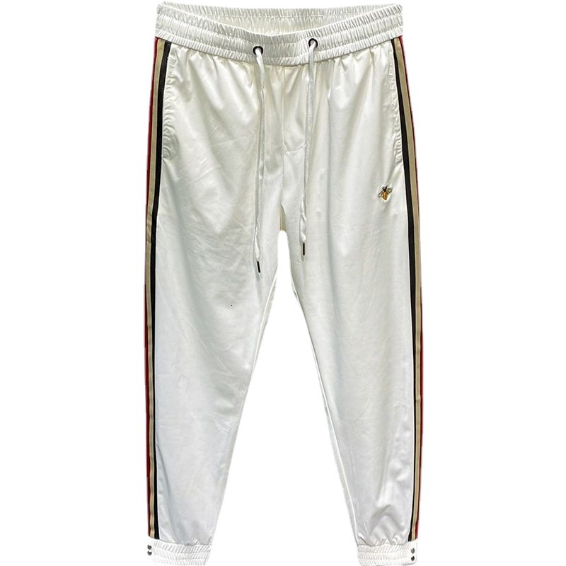 Luxury Brand Designer Men White Ice Silk Quick Dry Side Stripe Bee Embroidery Slim Fit Jogger Pants 2026 Summer Casual Athletic Versatile Daily Wear T