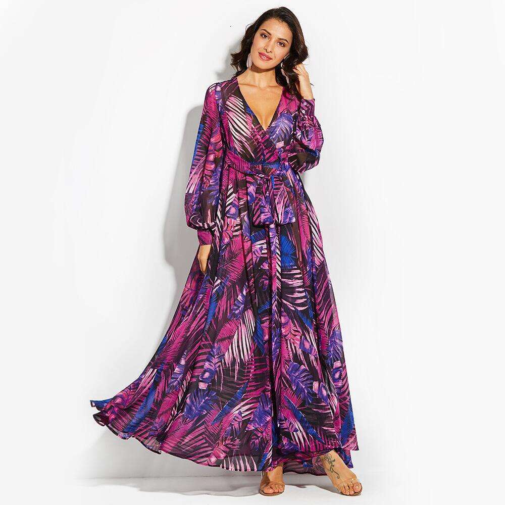 2026 Spring/Summer Amazon New European Women's Dress Lantern Sleeve Printed Sexy V-Neck Leaf Pattern Flared Skirt dh4345018