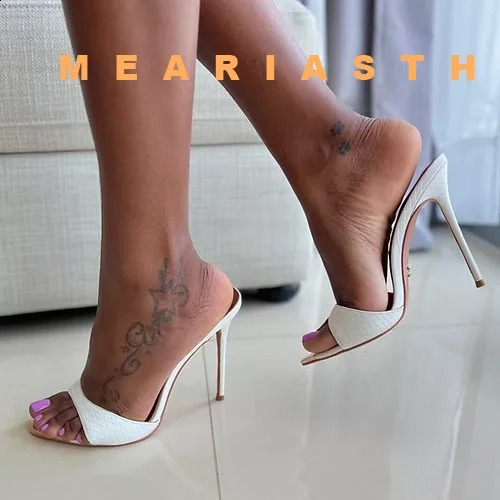 Sexy Metal Plate Pointed Toe Mules Shoes Blue Denim Slip On Summer Slippers Stiletto High Heels Sandals Plus Size 45 260519