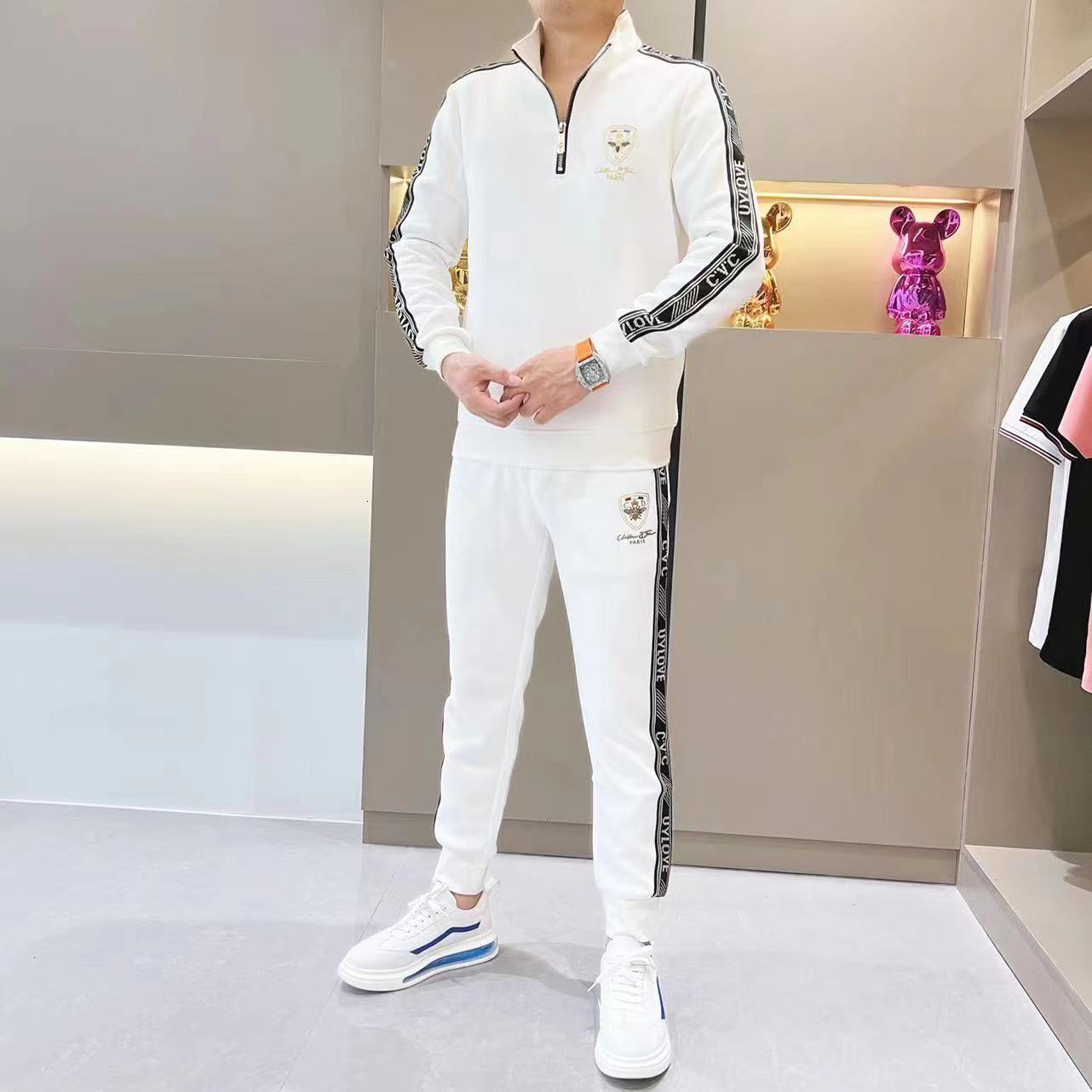 Luxury Brand Designer Men White Half Zip Stand Collar Side Tape Stripe Shield Embroidery 2 Piece Tracksuit Set 2026 Casual Athletic Versatile Daily We