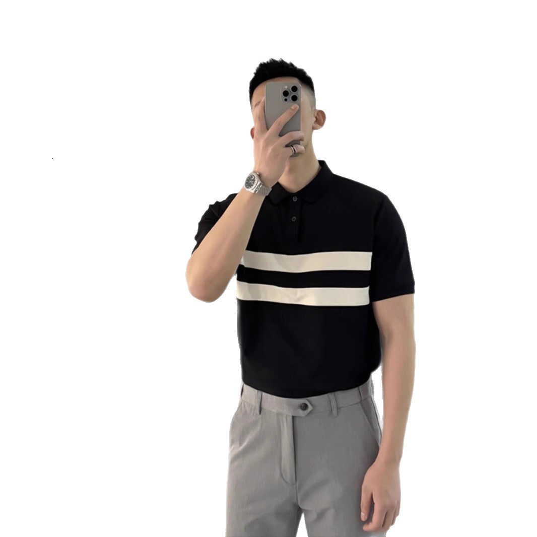 Luxury Brand Designer Men Black White Color Block Double Stripe Cotton Pique Slim Fit Short Sleeve Polo Shirt 2026 Summer Business Casual Versatile Da