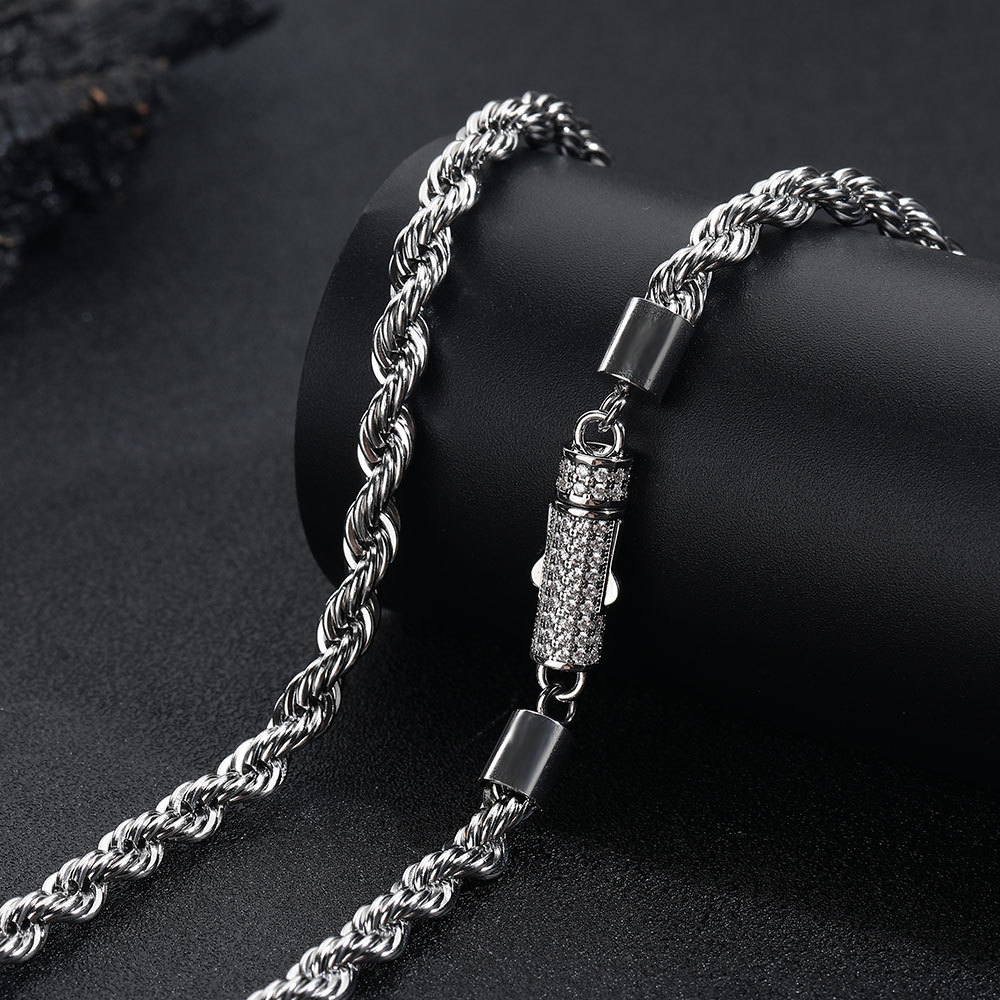 Stainless Steel Silver Twist Rope Chain Necklace Bracelet Jewelry with Zircon Clasp