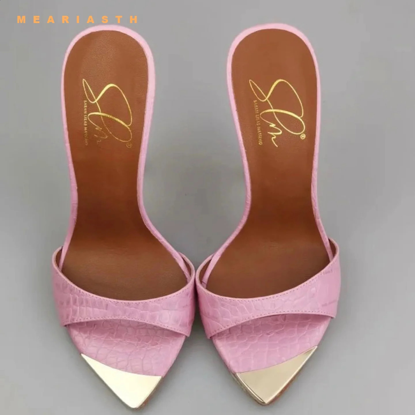 Sexy Metal Plate Pointed Toe Mules Shoes Blue Denim Slip On Summer Slippers Stiletto High Heels Sandals Plus Size 45 260519