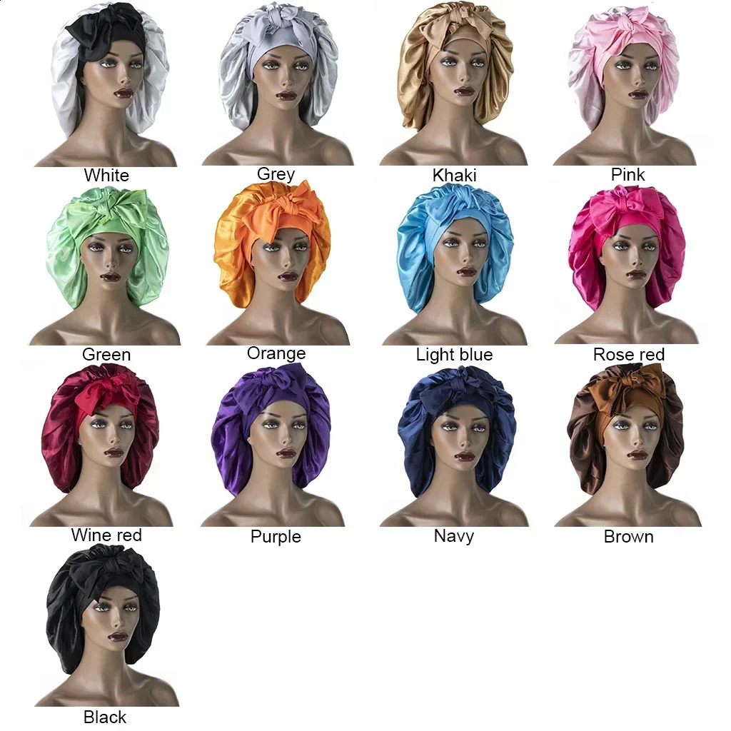 Women Satin Widened Sleep Hat Night Sleep Cap with Long Streamer Hair Care Bonnet Nightcap Elastic Cap De Nuit Shower Turban 260518 - view 3