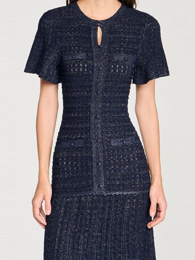 Casual Dresses Summer Luxury Navy Blue Tweed Knit Maxi Dress Women Elegant Short Sleeve Button Front Pocket Mermaid Hem Formal Party Outfit