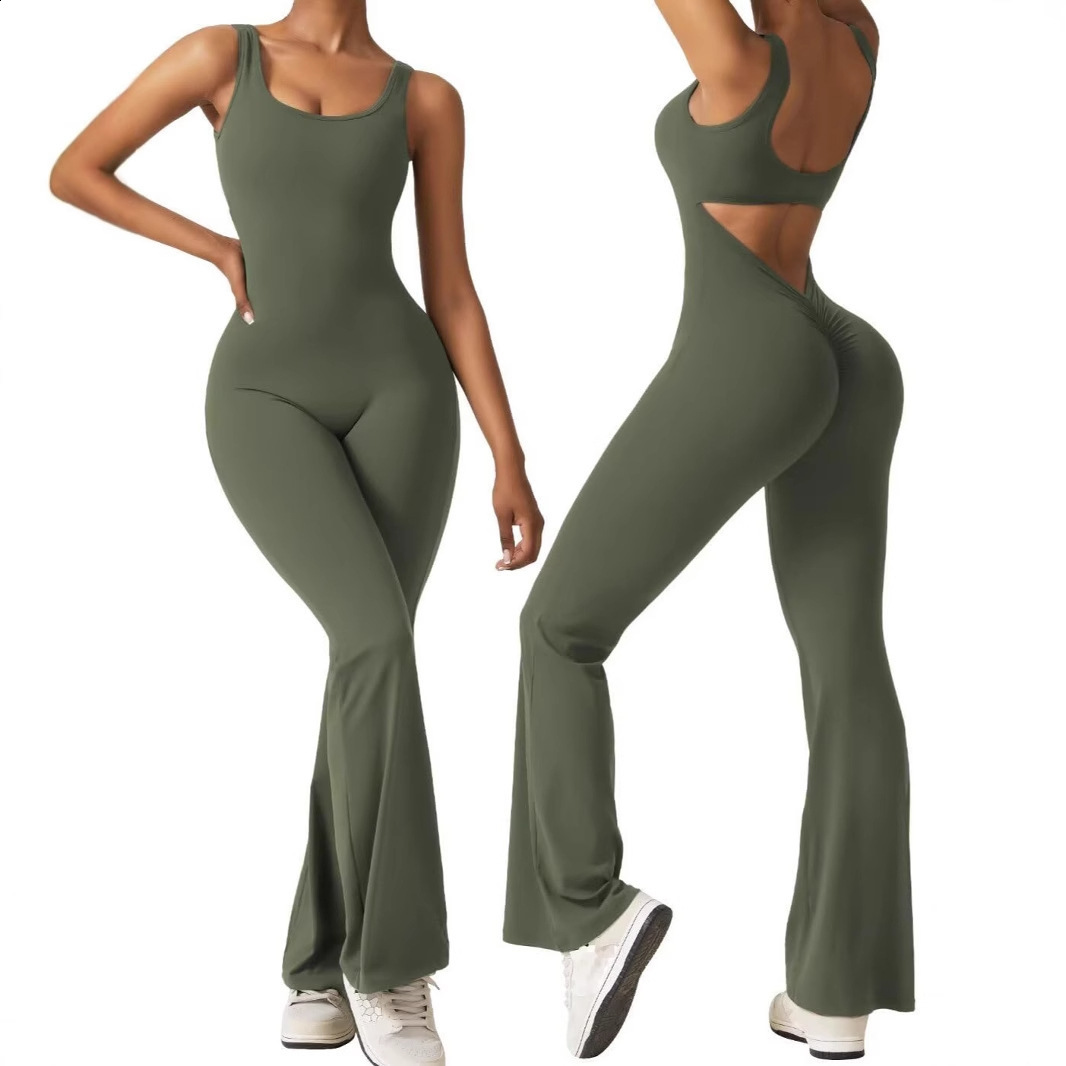 Yoga Bodysuit Womens Tracksuit Sportswear Gym Workout Set Jumpsuit Push Up Flared Pants Dance Fitness Sports Bodysuit 240719