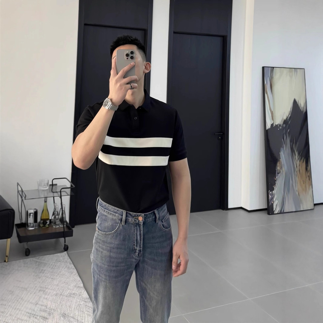 Luxury Brand Designer Men Black White Color Block Double Stripe Cotton Pique Slim Fit Short Sleeve Polo Shirt 2026 Summer Business Casual Versatile Da