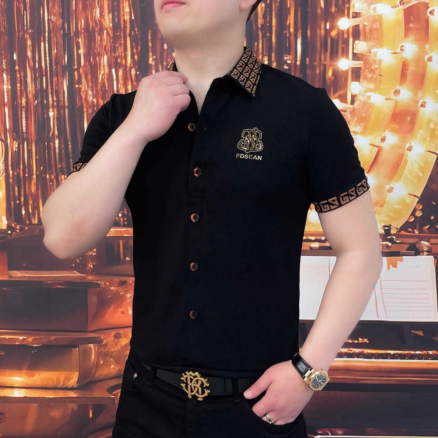 Mens Fashion Casual Summer Short Sleeve Trendy Slim Fit Turn-Down Collar Light Luxury Versatile Thin Elastic Stylish Business Plaid