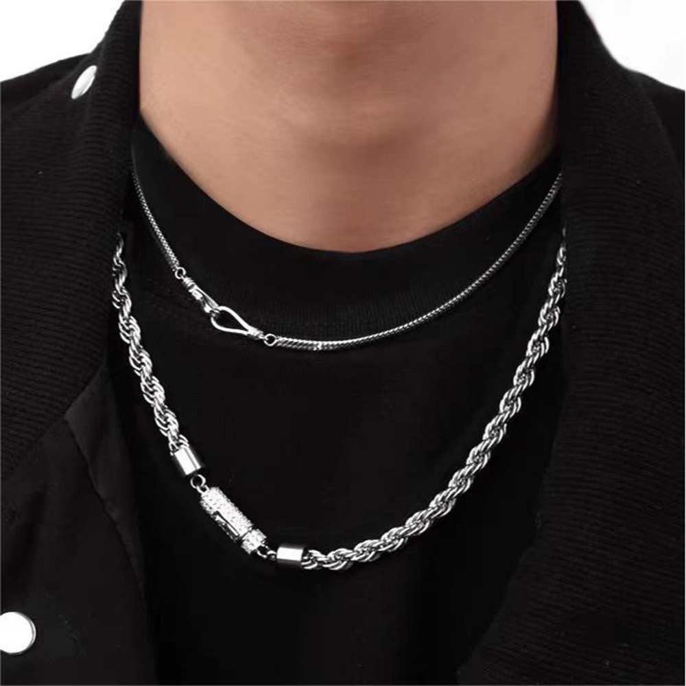 Stainless Steel Silver Twist Rope Chain Necklace Bracelet Jewelry with Zircon Clasp