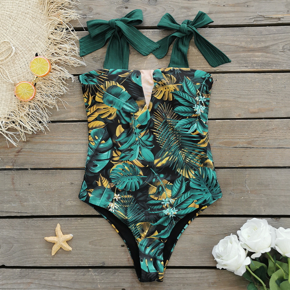 Swim wear Sexy Swimsuit Shoulder Strappy Print Floral Swimwear Women Backless Bathing Suit Beach Wear Monokini 230311