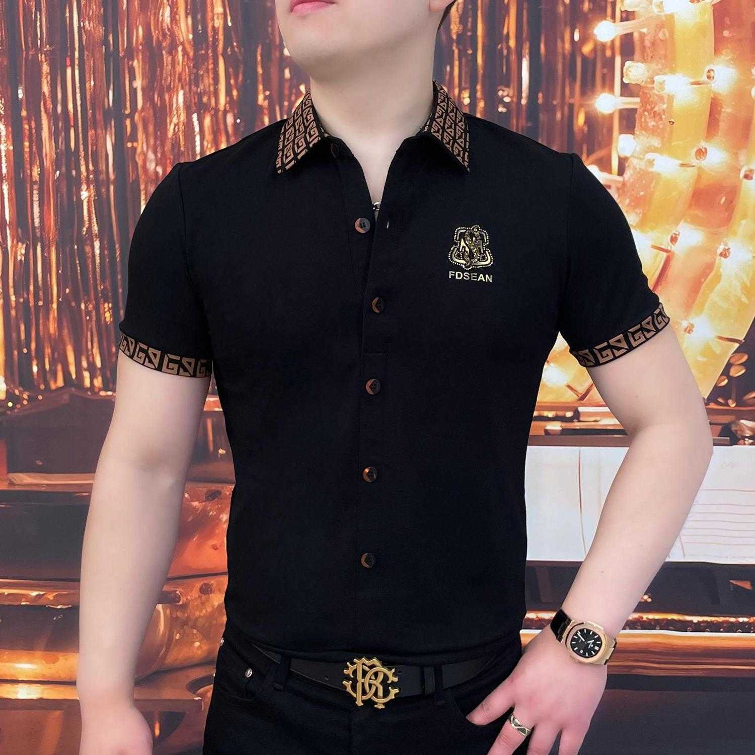 Mens Fashion Casual Summer Short Sleeve Trendy Slim Fit Turn-Down Collar Light Luxury Versatile Thin Elastic Stylish Business Plaid