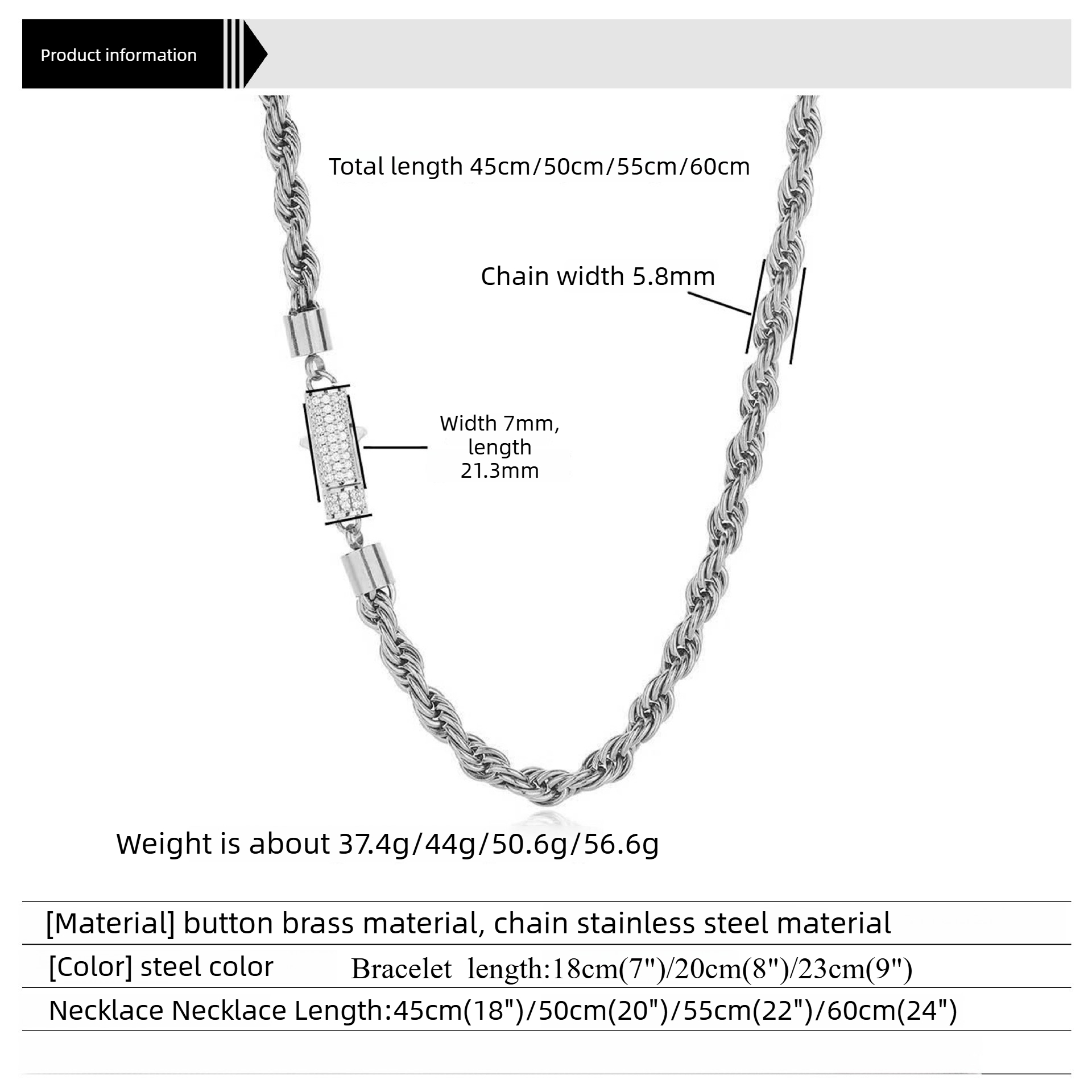 Stainless Steel Silver Twist Rope Chain Necklace Bracelet Jewelry with Zircon Clasp