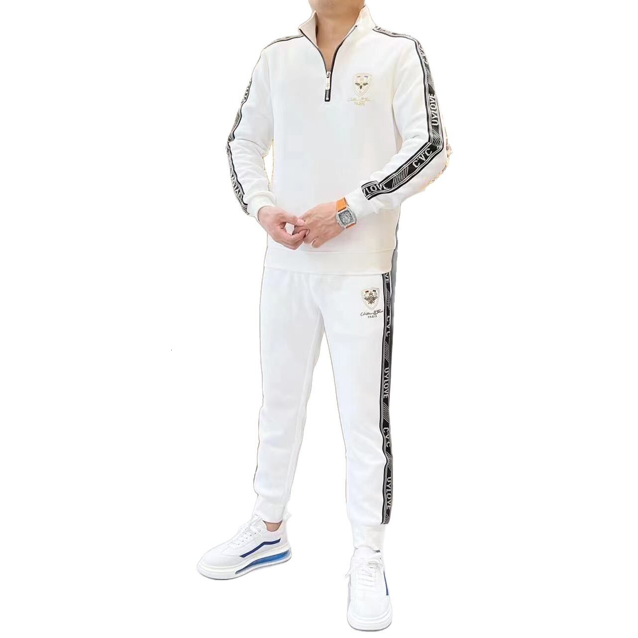 Luxury Brand Designer Men White Half Zip Stand Collar Side Tape Stripe Shield Embroidery 2 Piece Tracksuit Set 2026 Casual Athletic Versatile Daily We