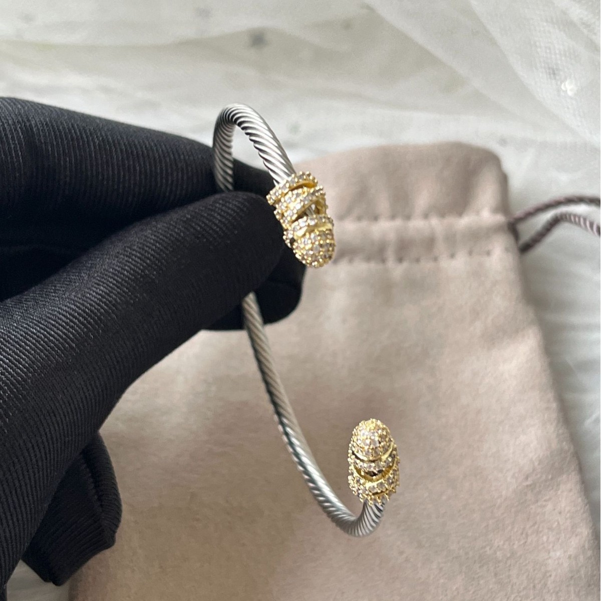 Women Designer Bracelet Twisted Cable Open Cuff Bangle Tone with Sparkling Crystal Accents Adjustable Statement Bracelet for Daily Party Wear
