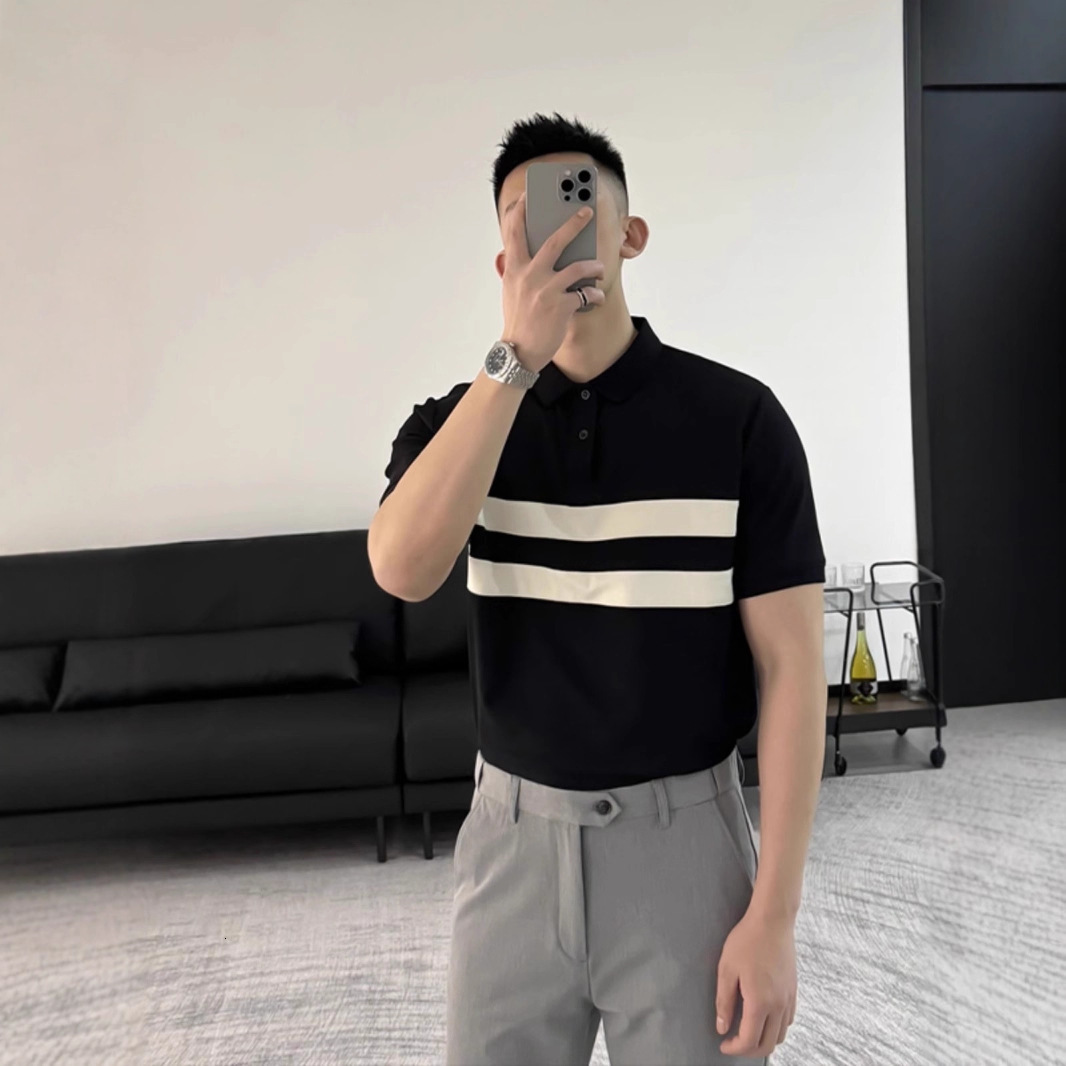 Luxury Brand Designer Men Black White Color Block Double Stripe Cotton Pique Slim Fit Short Sleeve Polo Shirt 2026 Summer Business Casual Versatile Da