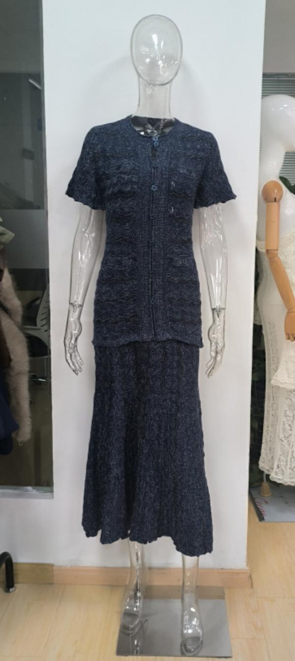 Casual Dresses Summer Luxury Navy Blue Tweed Knit Maxi Dress Women Elegant Short Sleeve Button Front Pocket Mermaid Hem Formal Party Outfit