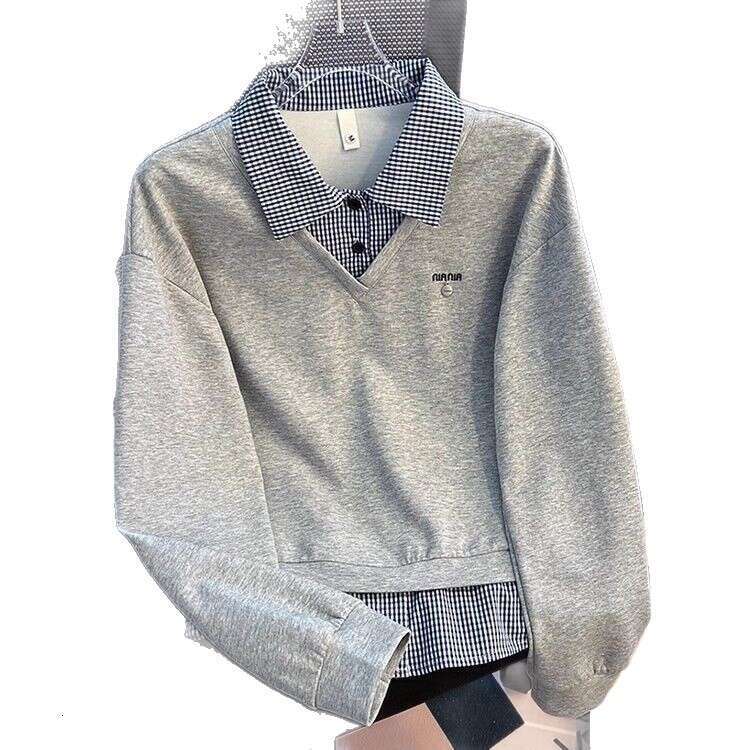 Fake Two-Piece Patchwork Plaid Polo Collar Sweatshirt For Women, Spring And Autumn New Design, Loose Fit, Hoodless Top - view 6