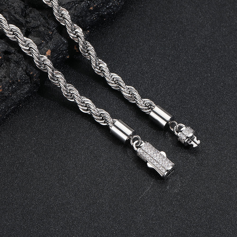 Stainless Steel Silver Twist Rope Chain Necklace Bracelet Jewelry with Zircon Clasp