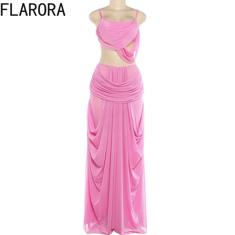 FLARORA Elegant Ruched 2 Piece Sets Woman LowNeck Backless Camisole TopsElastic Waist Long Skirts Midnight Prom Party Outfits 260625 - view 6