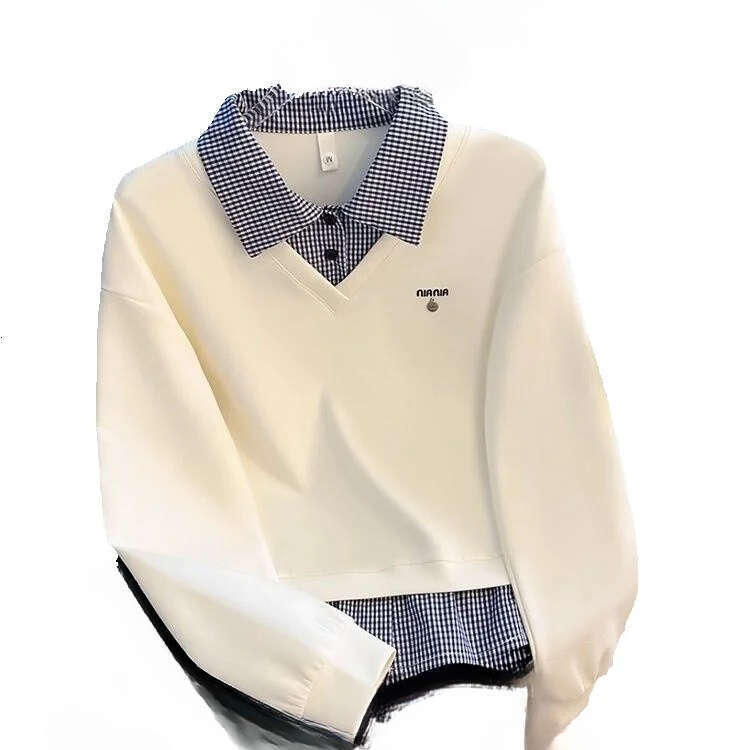 Fake Two-Piece Patchwork Plaid Polo Collar Sweatshirt For Women, Spring And Autumn New Design, Loose Fit, Hoodless Top - view 7