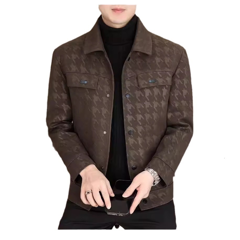 Luxury Brand Designer Mens Black Houndstooth Jacquard Faux Leather Point Collar Cropped Jacket 2026 Spring Autumn Casual Business Versatile Daily Wear