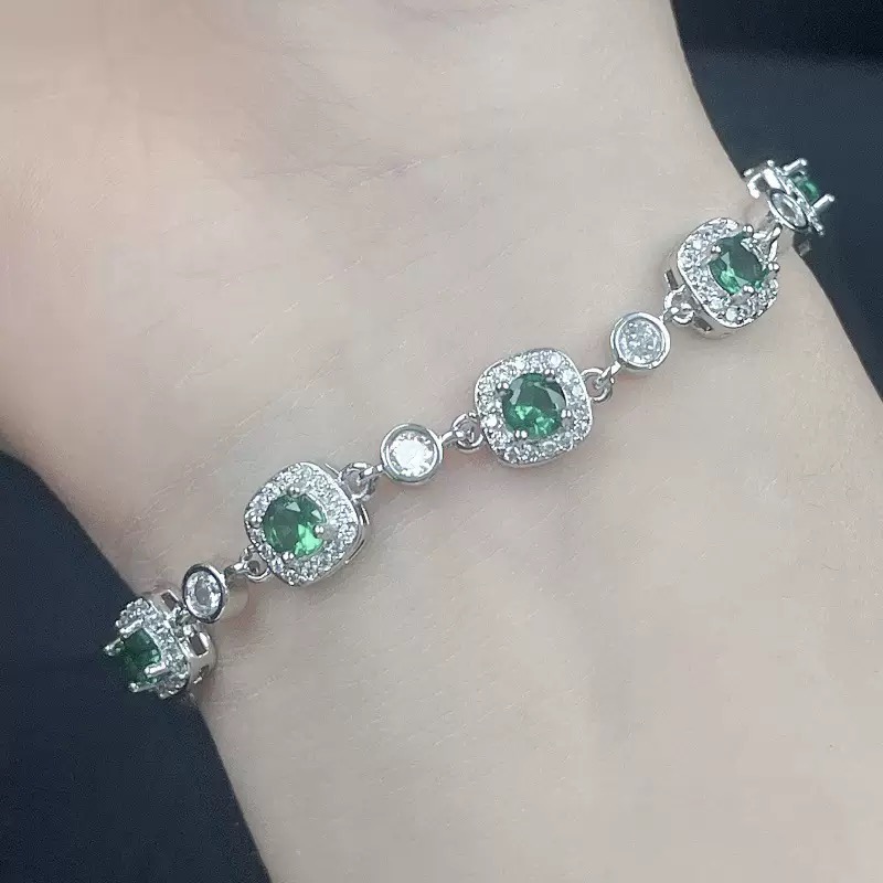 Pink Moissanite 65mm Center Stone Blue Green Halo Bracelet 10mm Cuban Link Chain Moissanite Cuban Link Bracelet