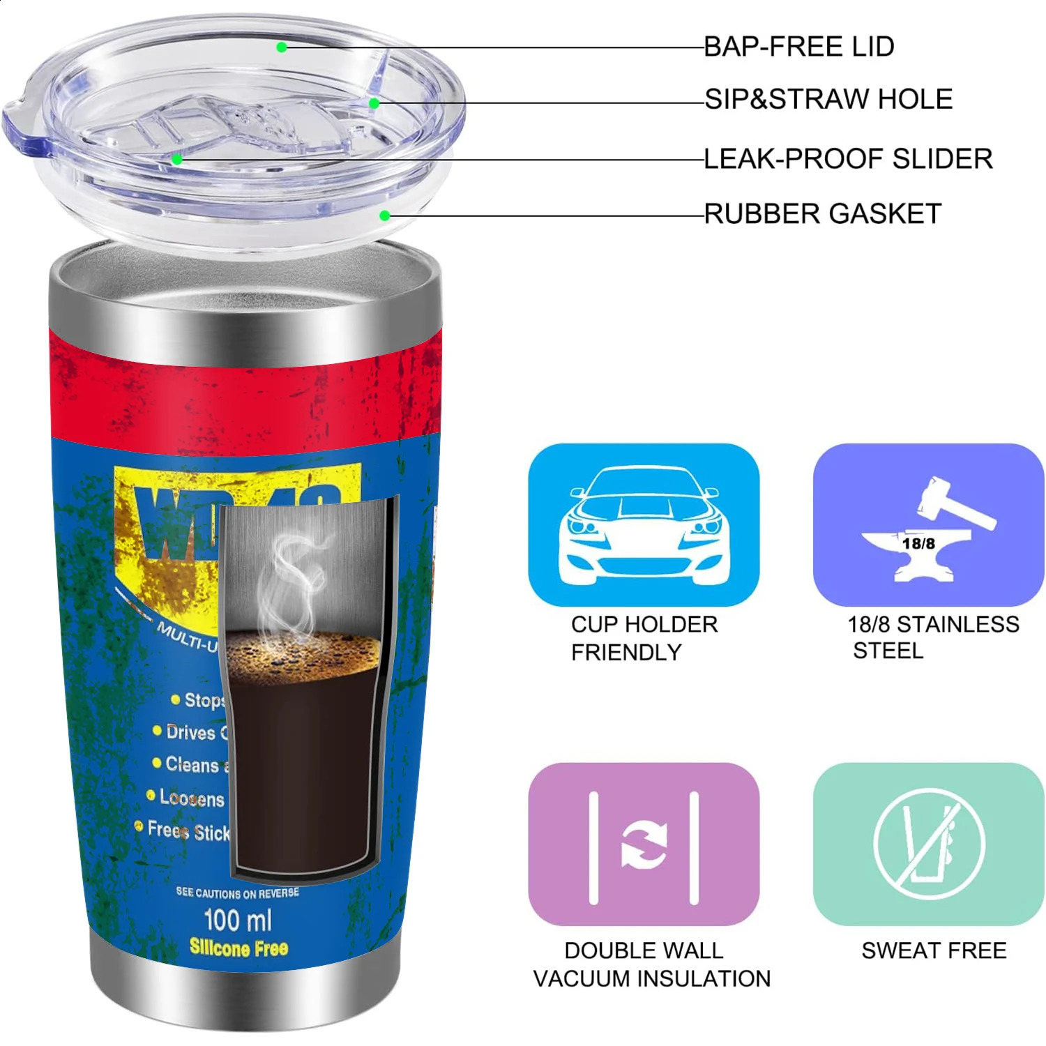 20Oz WD40 Stainless Steel Vacuum Insulated Tumbler Double Wall with Straw and Lid keep Cold Drink Car Cup Distressed 260516